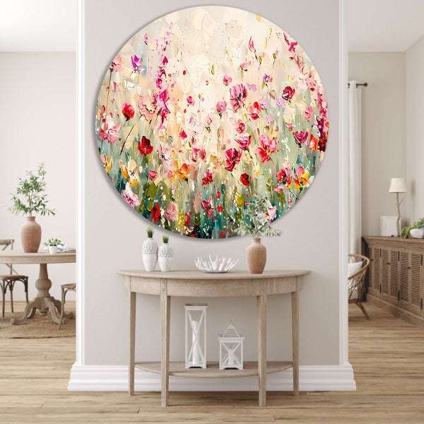 Kleurvol schilderij van een bloemenveld aluminium muurcirkel