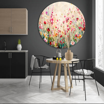 Kleurvol schilderij van een bloemenveld aluminium muurcirkel
