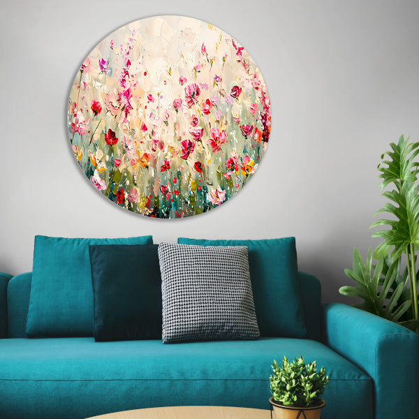 Kleurvol schilderij van een bloemenveld aluminium muurcirkel