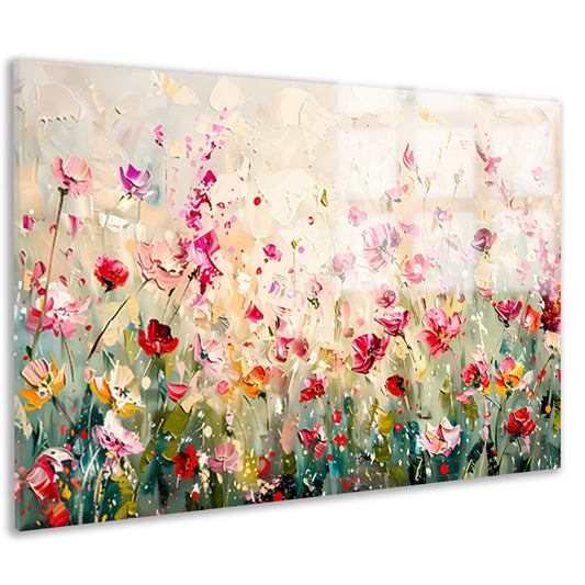 Kleurvol schilderij van een bloemenveld acrylglas