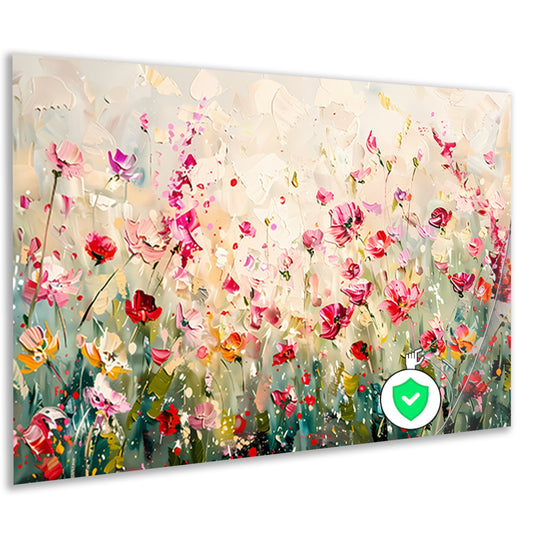 Kleurvol schilderij van een bloemenveld poster