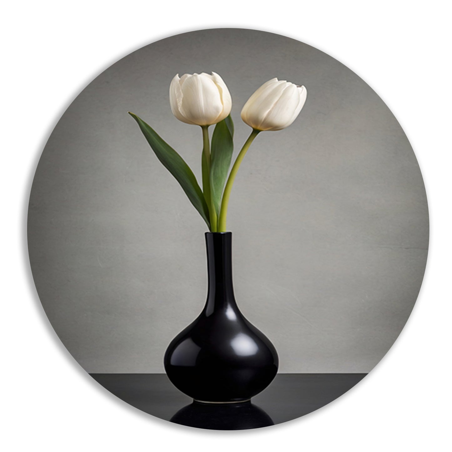 Minimalistische Witte Tulpen in Zwarte Vaas aluminium muurcirkel