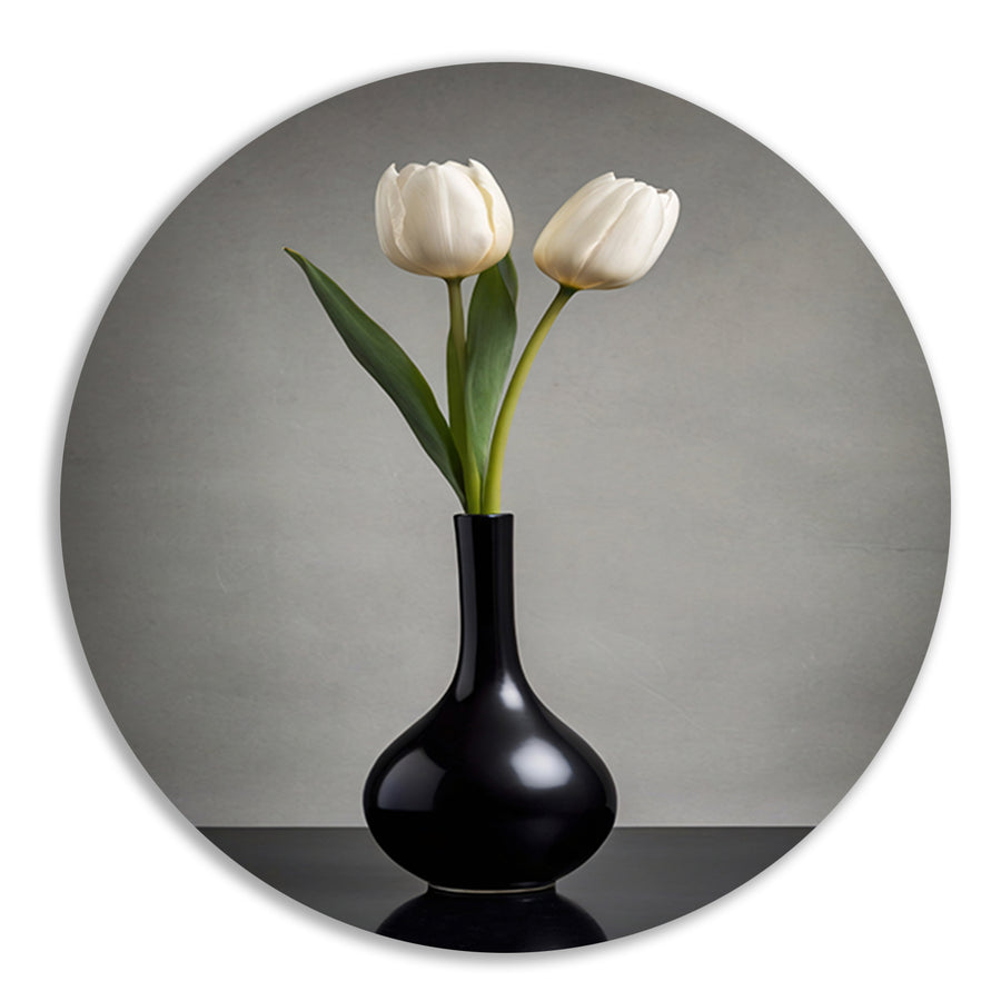 Minimalistische Witte Tulpen in Zwarte Vaas aluminium muurcirkel