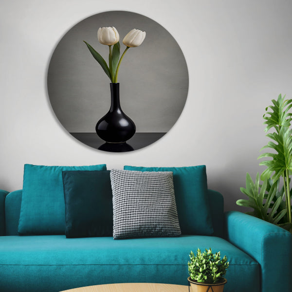 Minimalistische Witte Tulpen in Zwarte Vaas forex muurcirkel