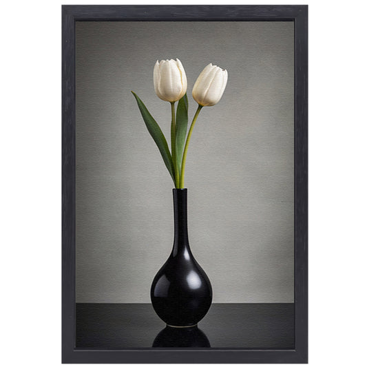 Minimalistische Witte Tulpen in Zwarte Vaas canvas met baklijst