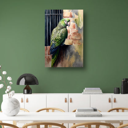 Waakzame Papegaai tegen Rustieke Achtergrond canvas