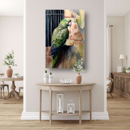 Waakzame Papegaai tegen Rustieke Achtergrond canvas