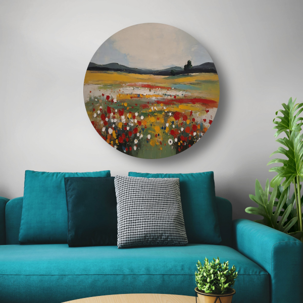 Impressionistisch Bloemenveld bij Zomerzonsondergang aluminium muurcirkel