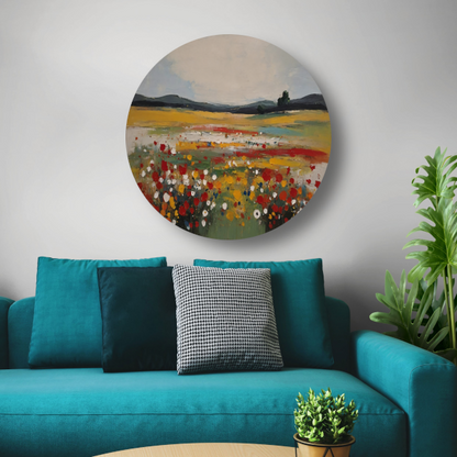 Impressionistisch Bloemenveld bij Zomerzonsondergang aluminium muurcirkel