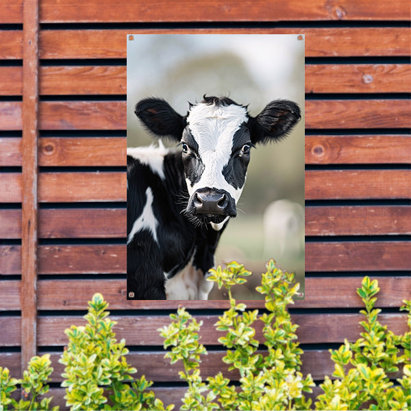 Zwart-Wit Portret van een Nieuwsgierig Kalf tuinposter