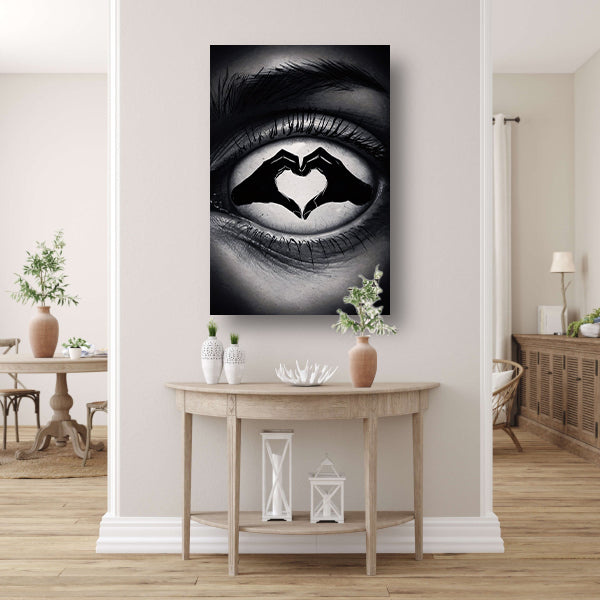 Oog en hartvorm handen in zwart en wit poster
