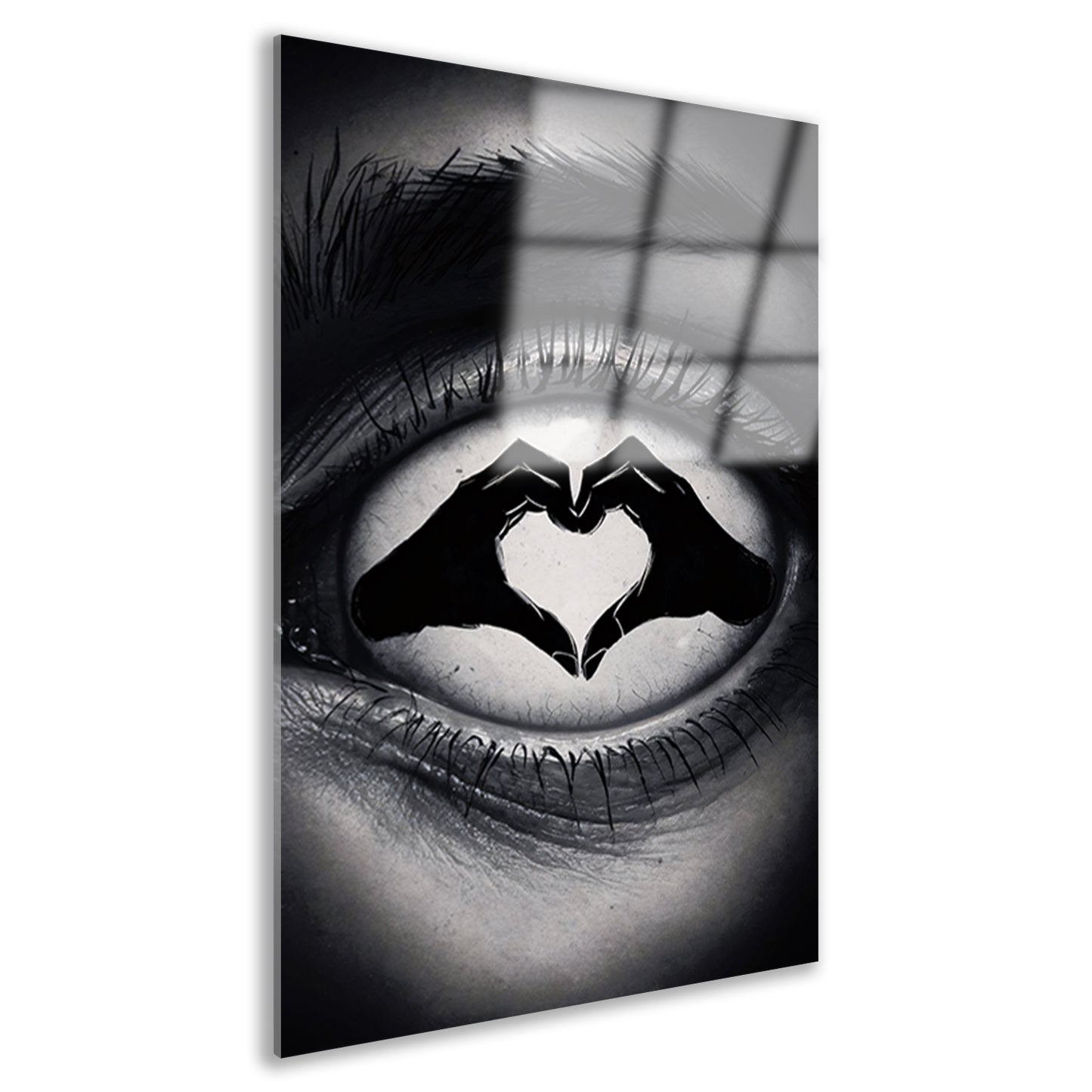 Oog en hartvorm handen in zwart en wit acrylglas