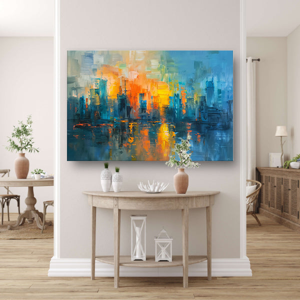 Levendige abstracte weergave van een grootstedelijk landschap acrylglas