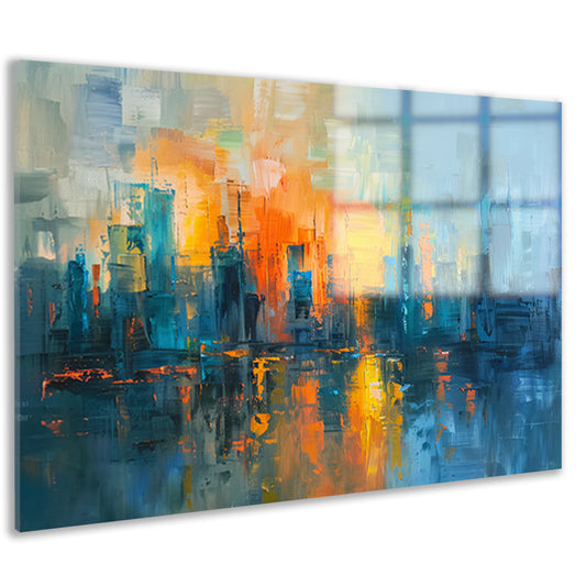 Levendige abstracte weergave van een grootstedelijk landschap acrylglas