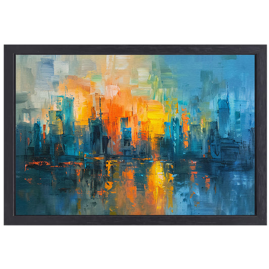 Levendige abstracte weergave van een grootstedelijk landschap canvas met baklijst