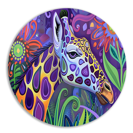 Abstract kleurrijk giraffe schilderij in psychedelische stijl aluminium muurcirkel