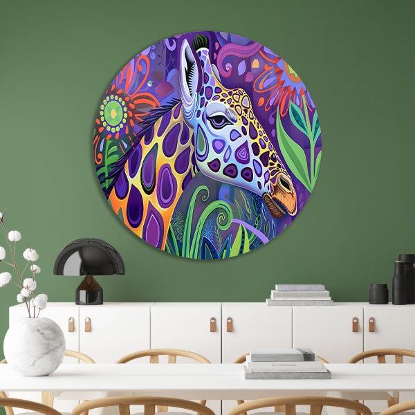 Abstract kleurrijk giraffe schilderij in psychedelische stijl aluminium muurcirkel