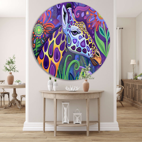 Abstract kleurrijk giraffe schilderij in psychedelische stijl aluminium muurcirkel