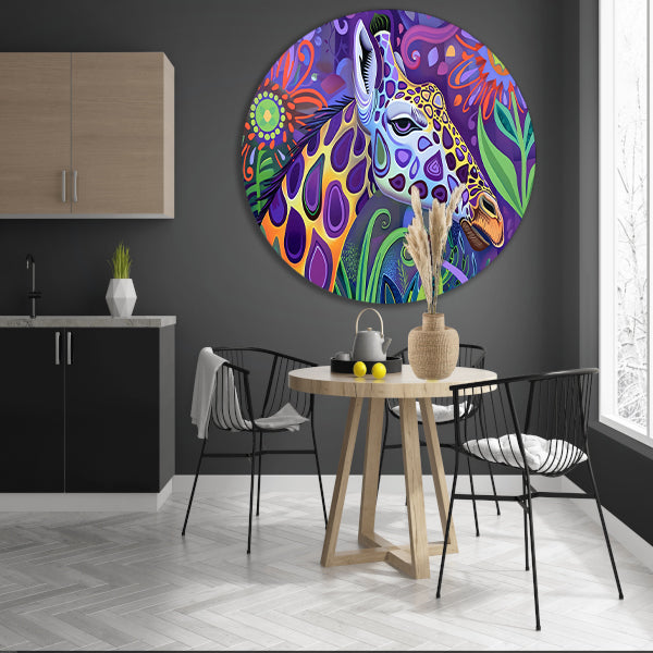 Abstract kleurrijk giraffe schilderij in psychedelische stijl aluminium muurcirkel