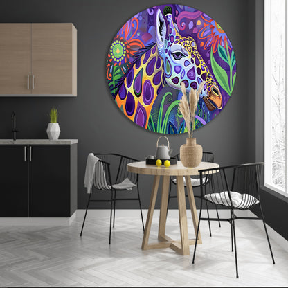 Abstract kleurrijk giraffe schilderij in psychedelische stijl aluminium muurcirkel