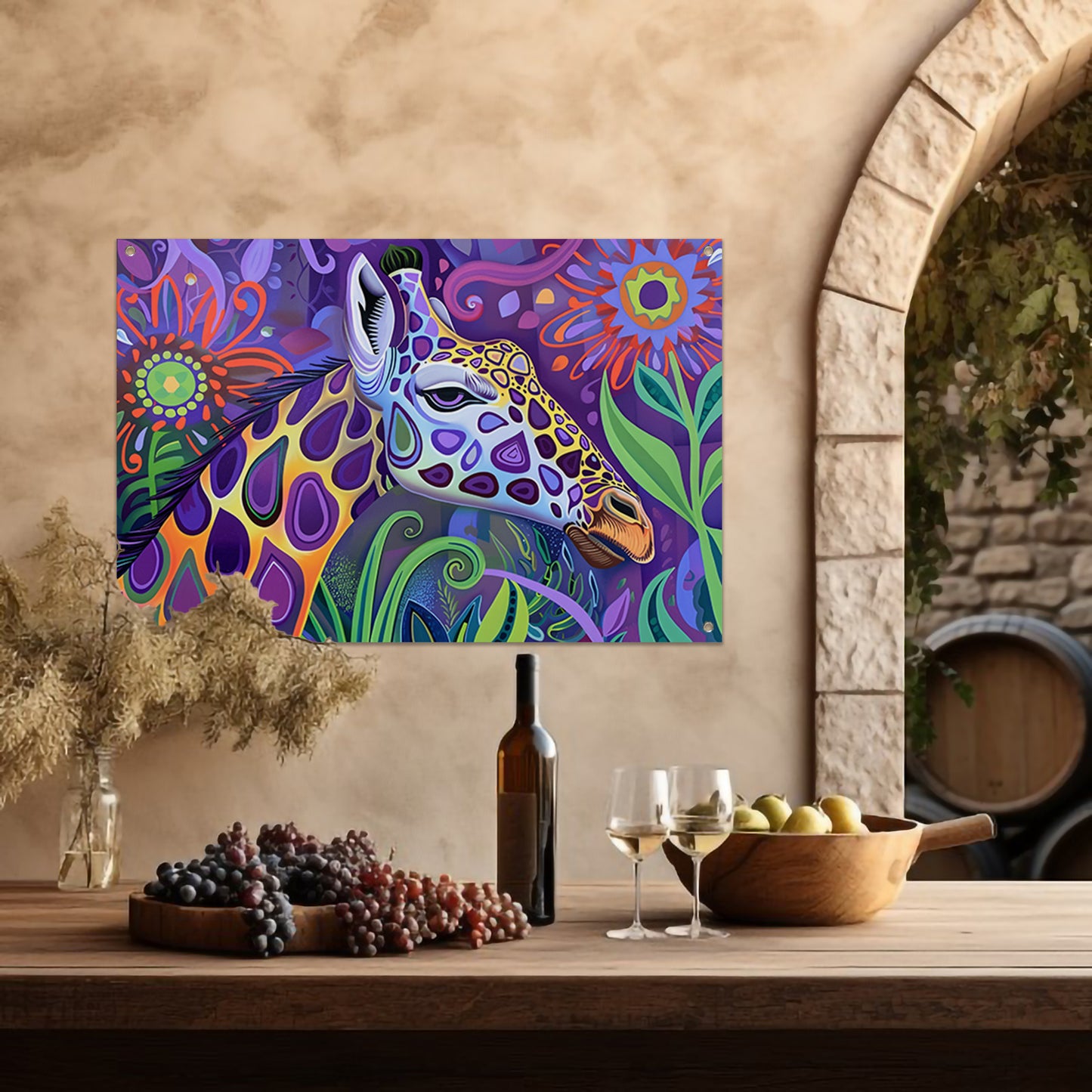 Abstract kleurrijk giraffe schilderij in psychedelische stijl tuinposter