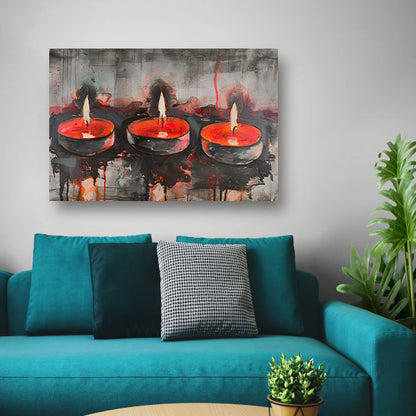 Abstract schilderij van brandende kaarsen canvas met baklijst