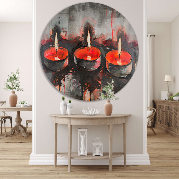 Abstract schilderij van brandende kaarsen aluminium muurcirkel