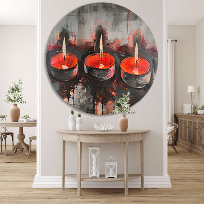 Abstract schilderij van brandende kaarsen aluminium muurcirkel
