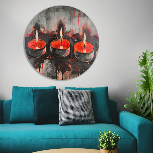 Abstract schilderij van brandende kaarsen aluminium muurcirkel