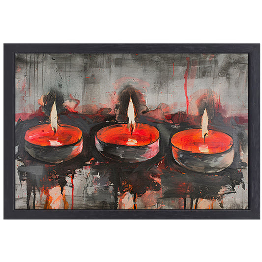 Abstract schilderij van brandende kaarsen canvas met baklijst