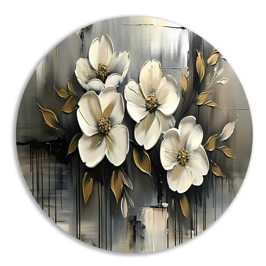 Abstract minimalistisch schilderij van witte bloemen aluminium muurcirkel