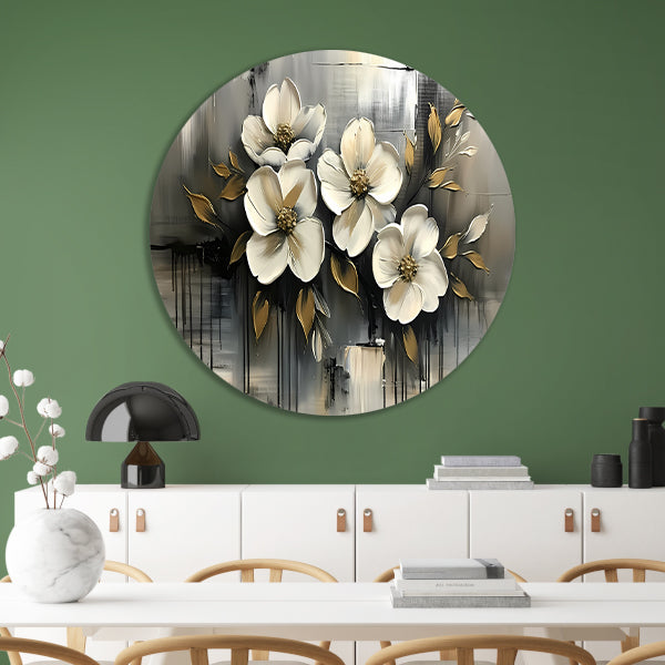 Abstract minimalistisch schilderij van witte bloemen aluminium muurcirkel