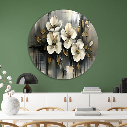 Abstract minimalistisch schilderij van witte bloemen aluminium muurcirkel
