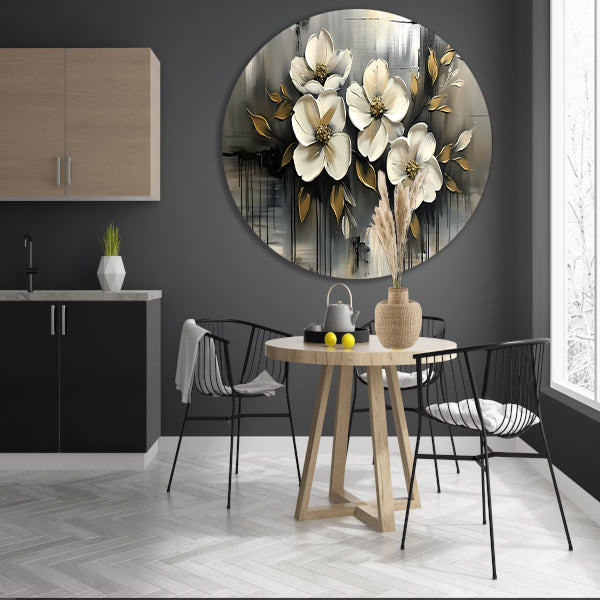 Abstract minimalistisch schilderij van witte bloemen aluminium muurcirkel