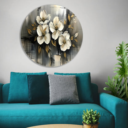 Abstract minimalistisch schilderij van witte bloemen aluminium muurcirkel