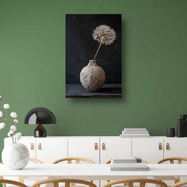 Oude vaas met delicate paardenbloem canvas