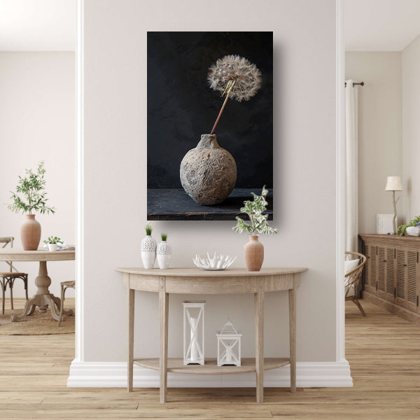 Oude vaas met delicate paardenbloem canvas