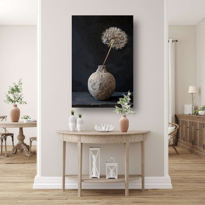 Oude vaas met delicate paardenbloem canvas