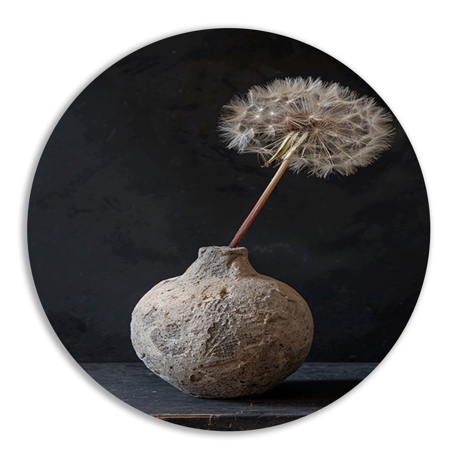 Oude vaas met delicate paardenbloem aluminium muurcirkel