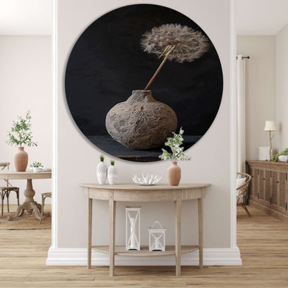 Oude vaas met delicate paardenbloem aluminium muurcirkel