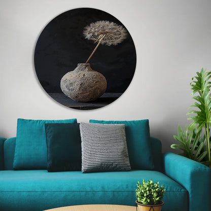 Oude vaas met delicate paardenbloem aluminium muurcirkel