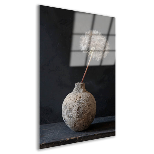 Oude vaas met delicate paardenbloem acrylglas
