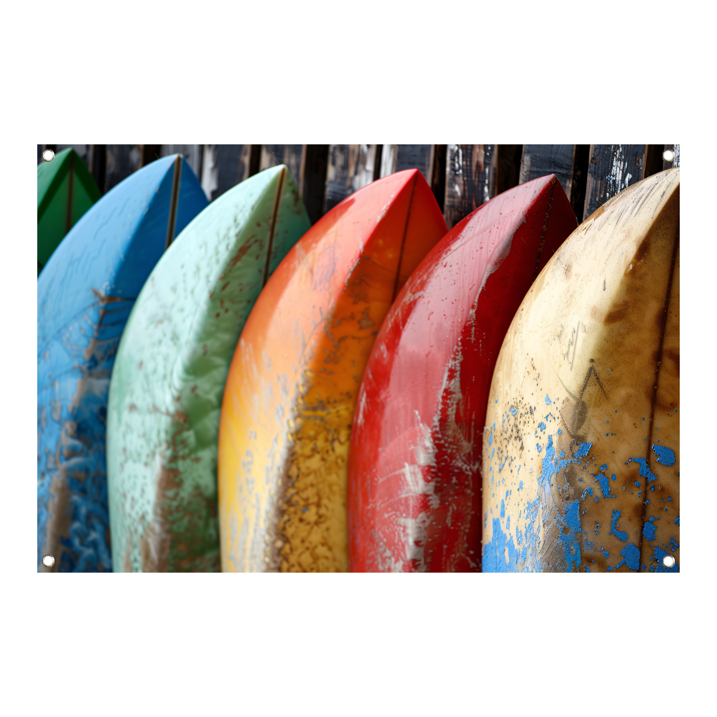 Kleurrijke surfboards tegen muur tuinposter