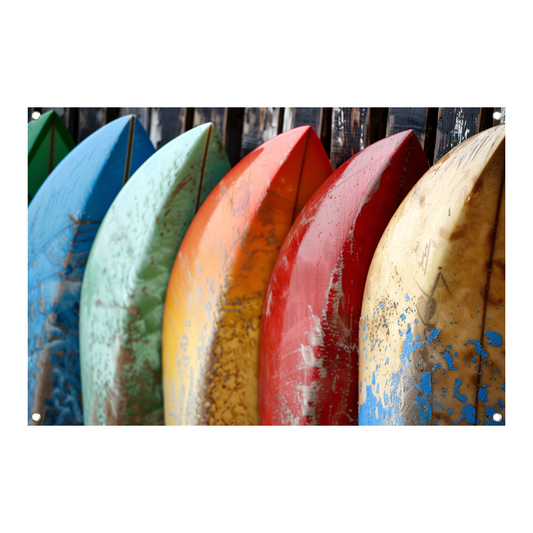Kleurrijke surfboards tegen muur tuinposter