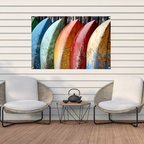 Kleurrijke surfboards tegen muur tuinposter