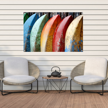 Kleurrijke surfboards tegen muur tuinposter