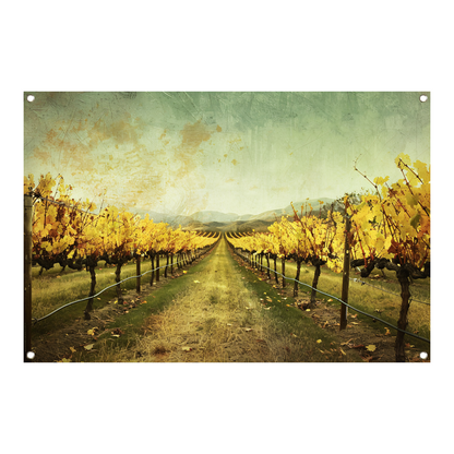 Sepia herfstwijngaard met heuvels op de achtergrond tuinposter