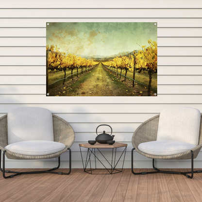Sepia herfstwijngaard met heuvels op de achtergrond tuinposter