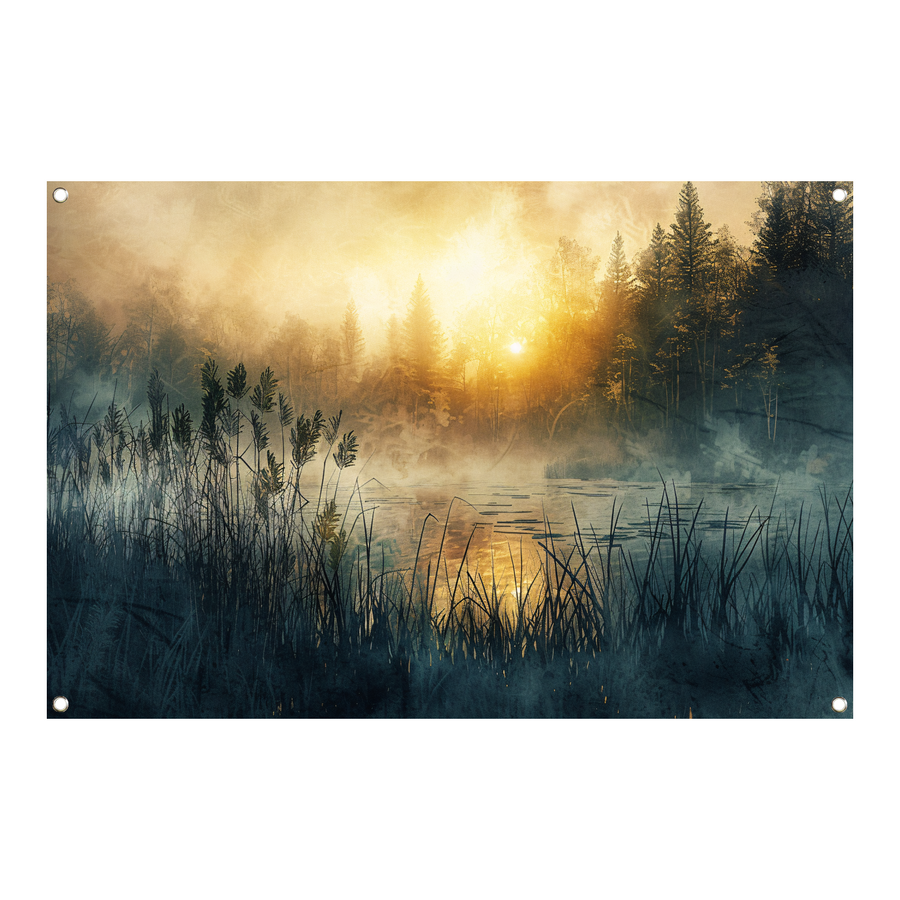Mistige Ochtendzon Doorbrekend door het Bos tuinposter
