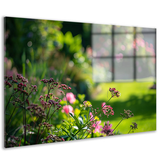 Levendige bloemen in een zonovergoten tuin acrylglas